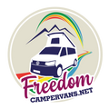 2019 Volkswagen T6 Freedom Campervans Gift Card with rainbow accents and mountain silhouette