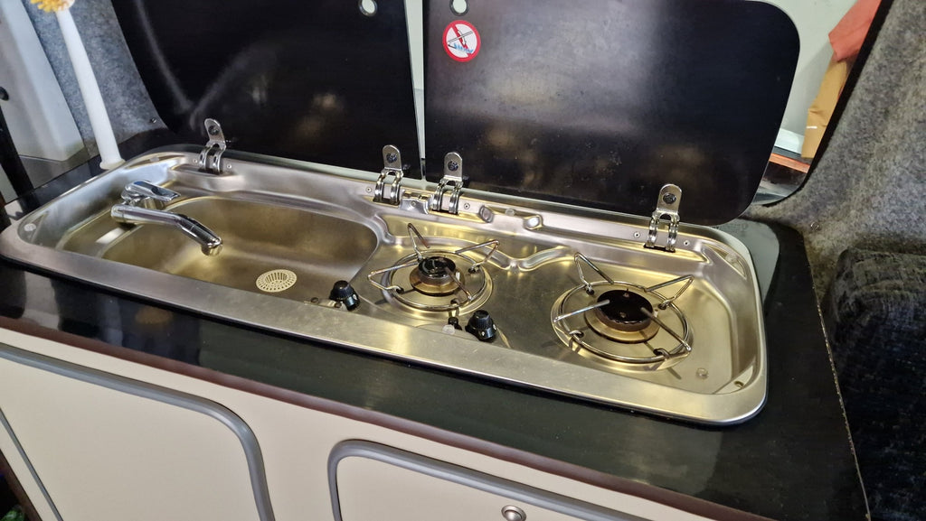 Ria stainless steel compact sink stove combo with gas burners black countertop